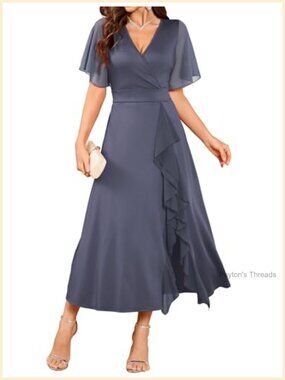 Semi Formal A-Line V-Neck Flared Sleeve Ruffle Split Hem Wedding Guest Dress